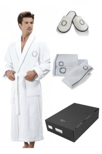 Soft Cotton Soft Cotton Luxusní pánský župan SEHZADE s ručníkem a papučkami v dárkovém balení XXL + papučky (42/44) + ručník + box Bílá / st Soft Cotton Luxusní pánský župan SEHZADE s ručníkem a papučkami  - 8698642055575